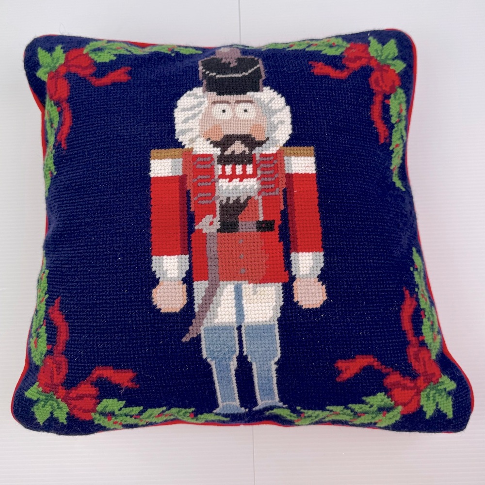 Vintage Handcrafted Needlepoint Christmas Pillow Nutcracker Red Back Polyester